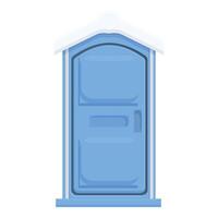 Blue mobile toilet covered with snow standing on concrete platform vector