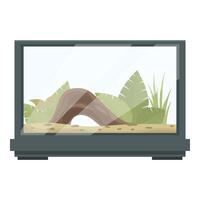 Glass terrarium with a log, plants and substrate, ready to host a reptile vector