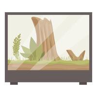 Glass terrarium with soil, plants growing and tree trunk inside vector