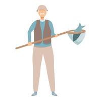 Senior fisherman holding fishing net with freshly caught fish vector