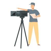 Cameraman holding script pointing with finger during movie shooting on set vector