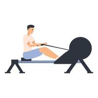 Young man using rowing machine doing fitness exercise vector