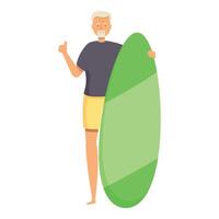 Senior man with surfboard is showing thumb up gesture vector