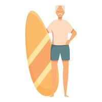 Senior man standing with surfboard enjoying retirement on the beach vector