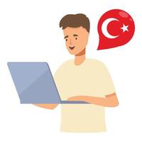 Man learning turkish language online with laptop vector