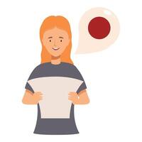 Smiling woman holding a paper is learning japanese language vector