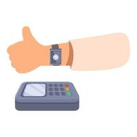 Customer making contactless nfc payment using smartwatch to pos terminal vector