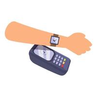 Hand holding smartwatch near pos terminal for nfc payment vector