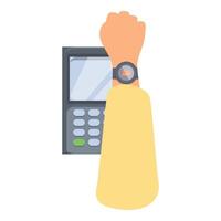 Customer paying using nfc technology on smartwatch at pos terminal vector