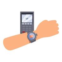 Hand with smart watch paying contactless at a pos terminal vector