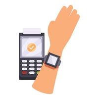 Hand holding smartwatch over pos terminal making a contactless payment vector