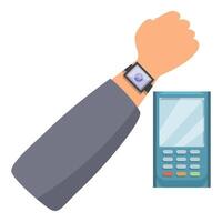Customer paying using smartwatch for nfc payment on pos terminal vector