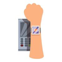Customer using smartwatch for nfc payment at pos terminal vector