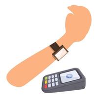 Customer paying using smartwatch for nfc payment on pos terminal vector