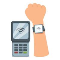 Customer wearing smartwatch paying using nfc technology on pos terminal vector