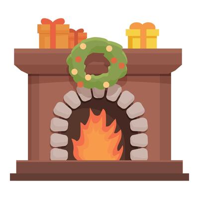 Fireplace burning with christmas wreath and gifts on mantelpiece