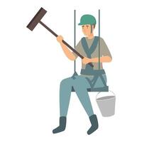 Window cleaner using squeegee while hanging from safety harness vector