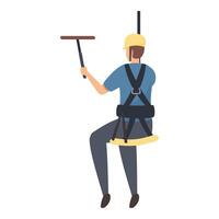 Window cleaner using squeegee while hanging from safety harness vector
