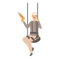 Construction worker with drill hanging on ropes for building maintenance vector