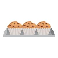 Three muffins with chocolate chips are cooling down on a baking sheet vector