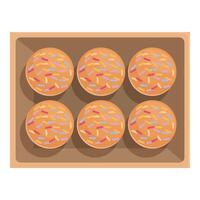 Box of freshly baked donuts with colorful sprinkles, top view vector