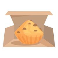 Delicious chocolate chip muffin being placed in cardboard box for takeout vector