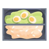 Lunchbox containing rice with sauce and sliced boiled eggs on salad vector