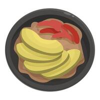 Sliced avocado and red peppers lying on top of hummus in a black bowl vector
