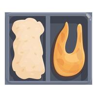 Plastic tray containing cooked salmon fillet and mashed potatoes being served for dinner vector