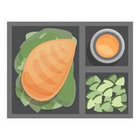 Lunchbox with salmon, sauce and cucumbers vector
