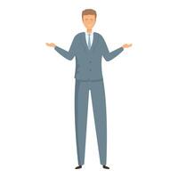 Businessman presenting something, business character pointing with hands aside vector