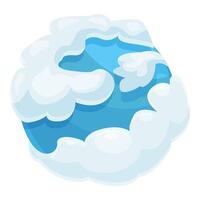 Blue planet surrounded by white fluffy clouds on white background vector