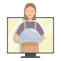 Online restaurant order with waitress holding tray on computer screen vector