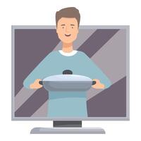 Smiling man holding frying pan appearing from computer screen vector