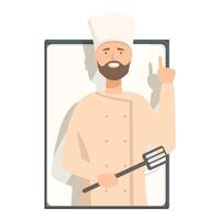 Smiling chef holding spatula and pointing up inside frame vector