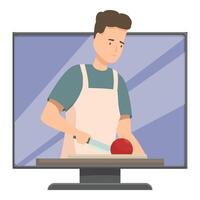Chef is cutting a tomato during an online culinary course vector
