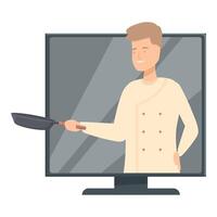 Online cooking show host holding frying pan on computer screen vector