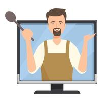 Chef holding wooden spoon explaining recipe on computer screen vector