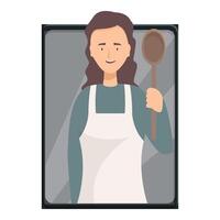 Chef holding wooden spoon smiling looking through window vector