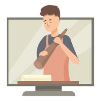Baker kneading dough on computer screen for online culinary course vector