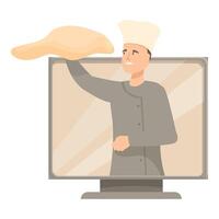 Online cooking class baker chef kneading dough from computer screen vector