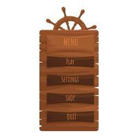 Wooden game ui menu with steering wheel showing play, settings, shop, and quit buttons vector
