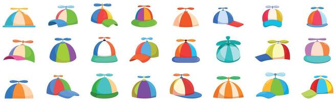 Cap propeller icons set. Set of colorful propeller hats with different shapes and designs, perfect for adding a touch of whimsy and fun to designs vector