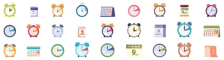 Spring forward icons set. Set of alarm clocks and calendars showing different times and dates for time management concept vector