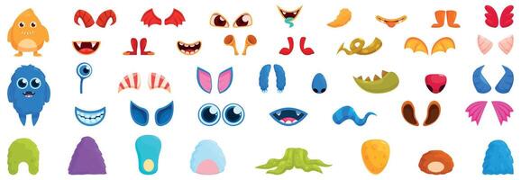 Monster creation icons set. Cartoon monster body parts set for creating funny faces and expressions vector