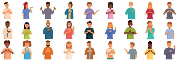Sincere character icons set. Diverse group of people holding hands to chest showing gratitude, honesty, or respect vector