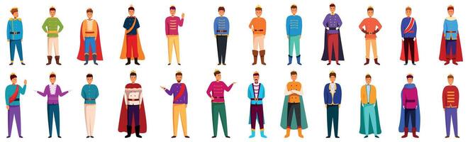 Prince character icons set. Set of prince characters posing in different poses wearing luxurious suits and golden crowns vector