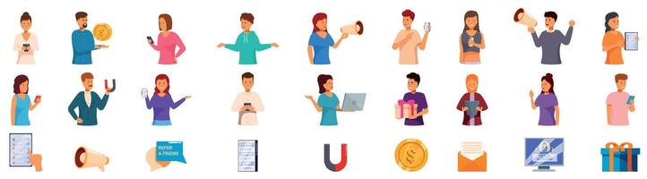 Referral network icons set. Marketers increasing brand awareness and attracting new customers vector