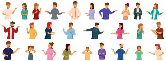 Couple argue icons set. People pointing with finger accusing blaming gesturing showing direction indicating choosing picking body language collection vector