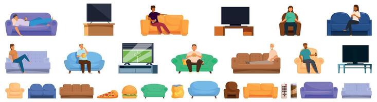 Lazy tv icons set. People relaxing on the couch at home watching television and eating snacks vector